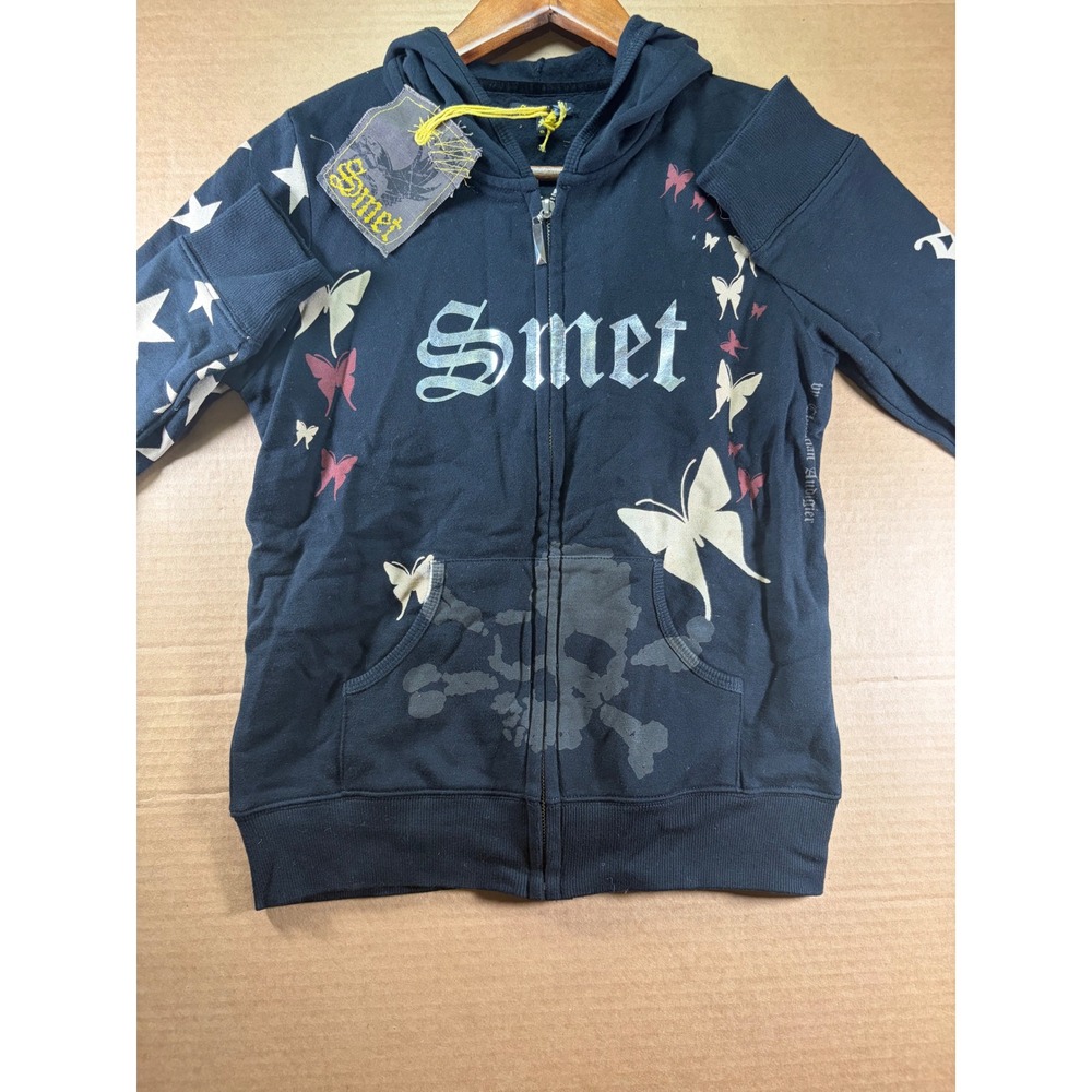 Smet Zip Up Hoodie Womens Small Black Multi Print Butterfly Skull Y2K NWT